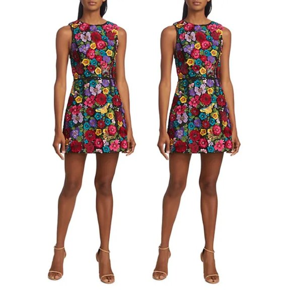 Alice + Olivia Lindsey A-line Mini Dress Multicolor Allover Floral Embroidery - Picture 1 of 12